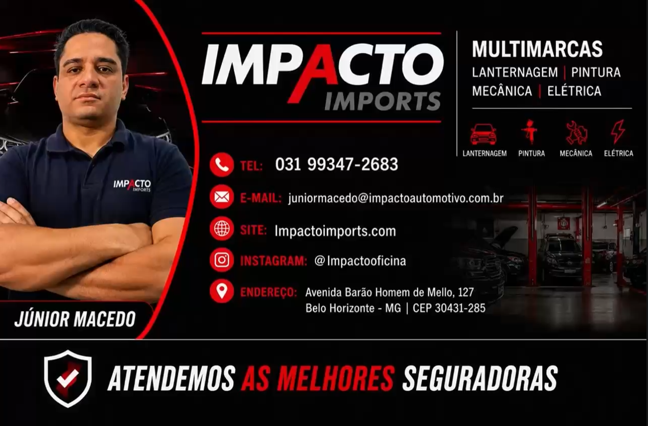 Banner institucional da Impacto Imports com serviços, contatos e informações da oficina